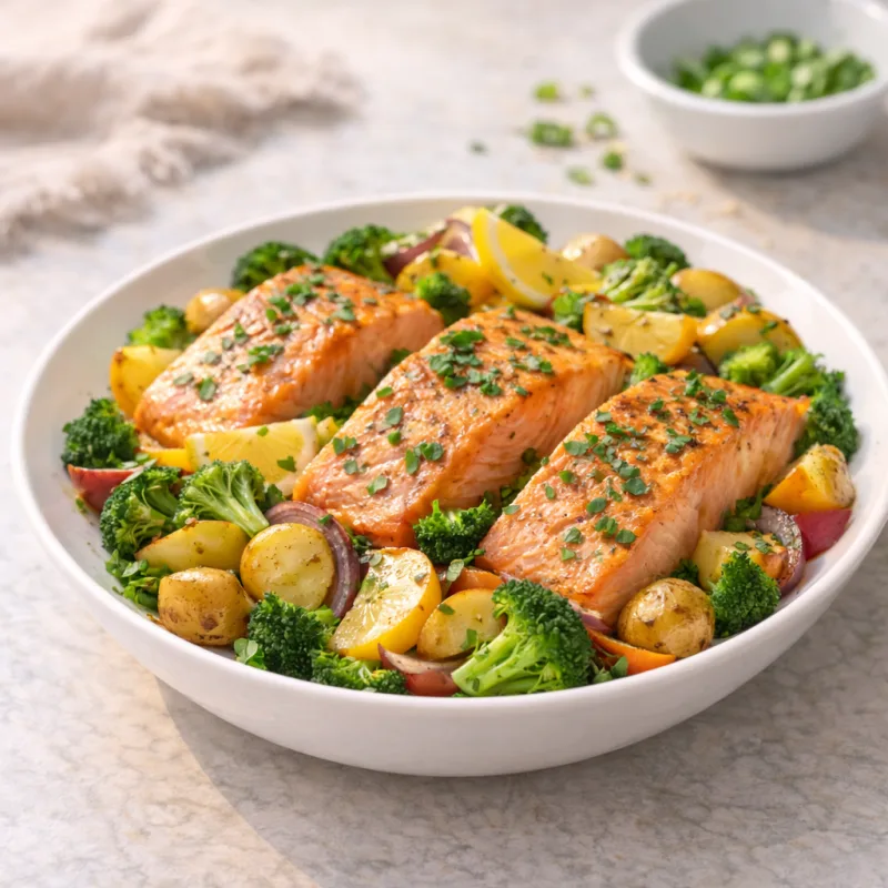 Roast salmon with vegetables